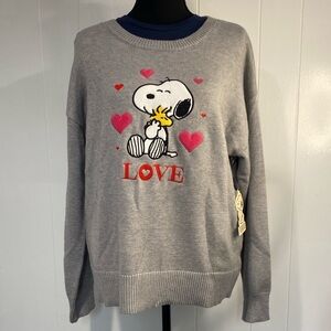 Peanuts Snoopy Love Sweater | Gray Crewneck Knit | Valentine Hearts | Size L